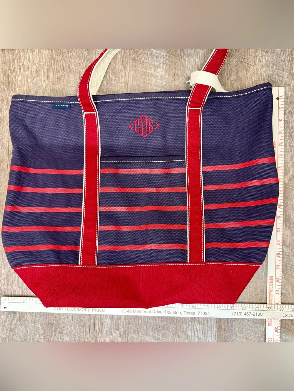 Lands' End Large Striped Canvas Boat Tote Bag Navy Red Monogram CDS 18